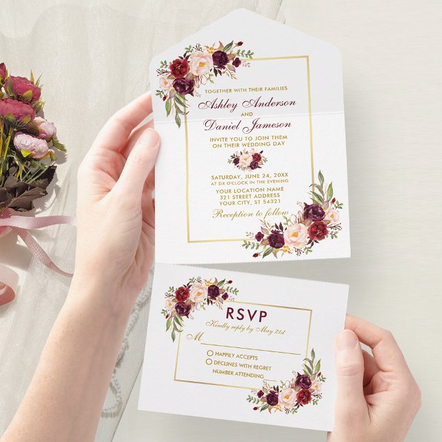 Elegant Vattenfärg Burgundy Blommigt Bröllop Guld (All In One Wedding Invitation with tear off RSVP Card)