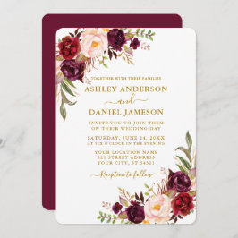 Elegant Vattenfärg Burgundy Blommigt Bröllop Guld Inbjudningar