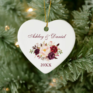 Elegant Vattenfärg Burgundy Blommigt Knutpunkt Julgransprydnad Keramik