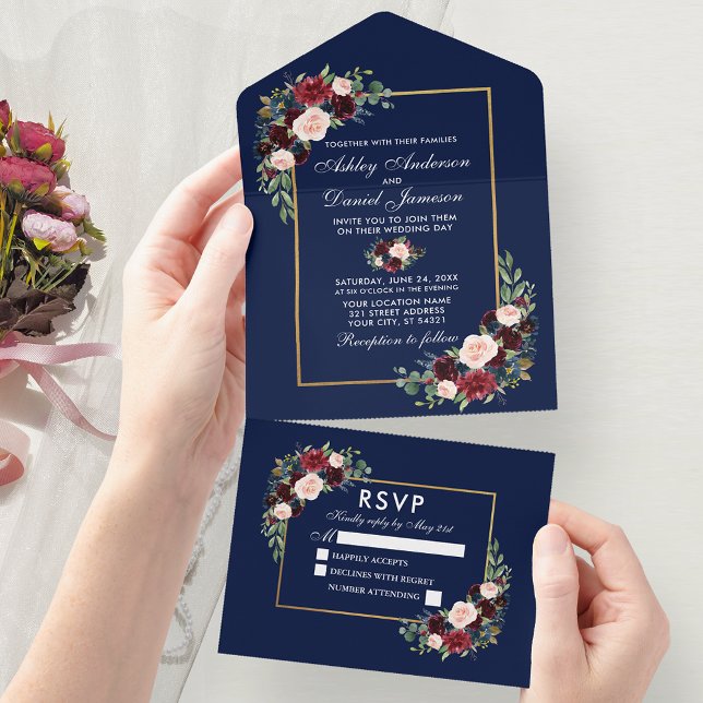 Elegant Vattenfärg Burgundy Blue Blommigt Bröllop (All In One Wedding Invitation with tear off RSVP Card)