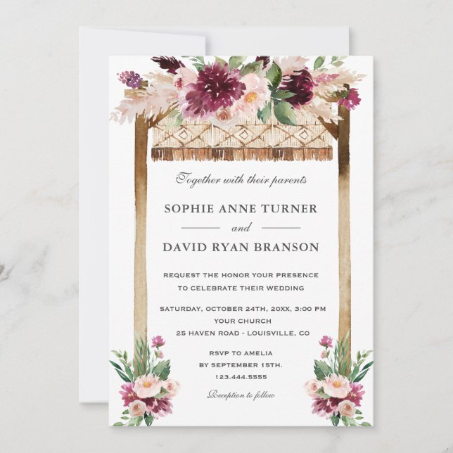 Elegant Vattenfärg Canopy Burgundy Flowers Bröllop Inbjudningar (Framsida)