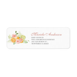 Elegant Vattenfärg Citrus Rosa Flowers Babydusch Returadress Etikett