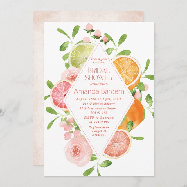 Elegant Vattenfärg Citrus Rosa Flowers möhippa sho Inbjudningar (Fram/baksida)