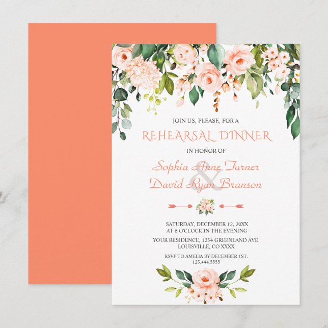Elegant Vattenfärg Coral Flowers Rehearsal Dinner Inbjudningar (Fram/baksida)