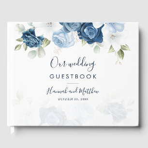 Elegant vattenfärg dammig blå blommande bröllop gästböcker