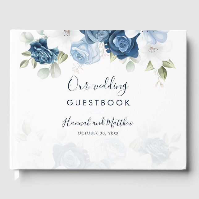 Elegant vattenfärg dammig blå blommande bröllop gästböcker (Framsida)