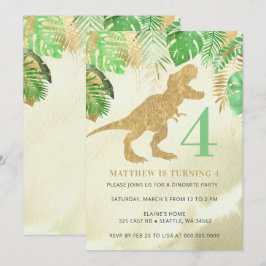 Elegant Vattenfärg Dinosaur Grönt Guld födelsedag Inbjudningar