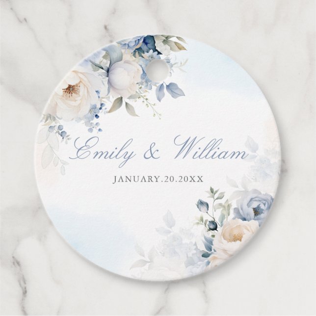 Elegant Vattenfärg Dusty Blue Blommigt Bröllop Gåvor Etiketter (Framsida)