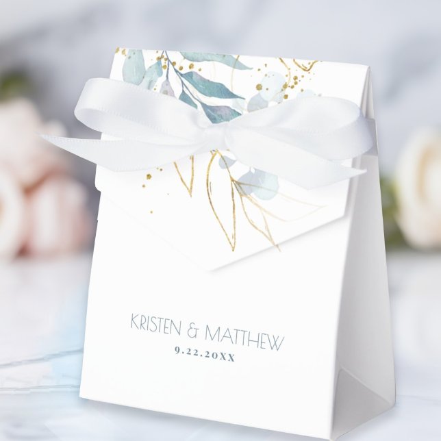 Elegant Vattenfärg Dusty Blue Bröllop Presentaskar (Our Elegant Botanical Watercolor Dusty Blue with Gold Wedding Favor Box has a bohemian feel.)