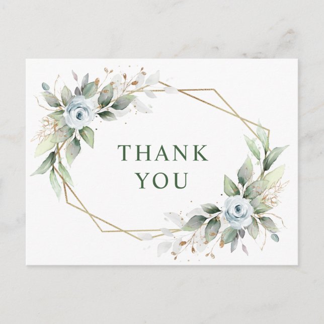 Elegant Vattenfärg Dusty Blue Foliage Tack Vykort (Framsida)