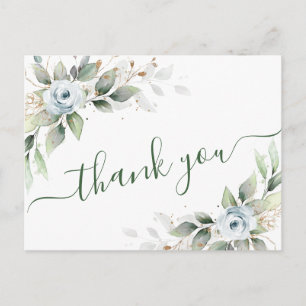 Elegant Vattenfärg Dusty Blue Foliage Tack Vykort