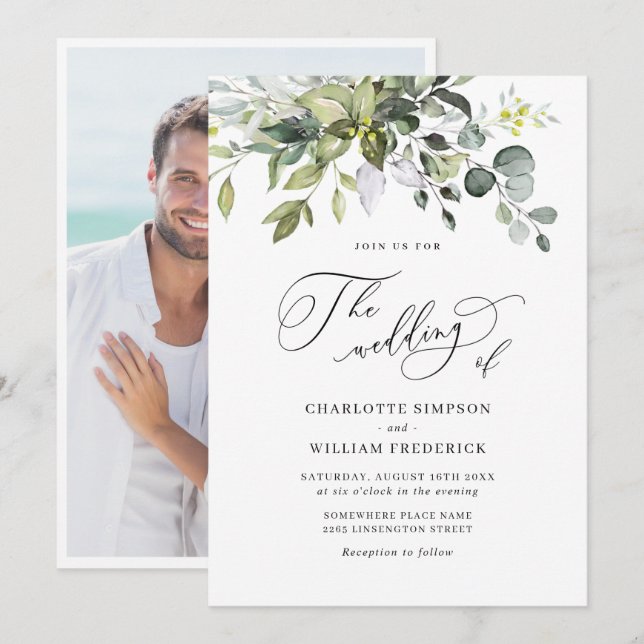 Elegant Vattenfärg Eucalyptus Blommigt Bröllop PHO Inbjudningar (Fram/baksida)