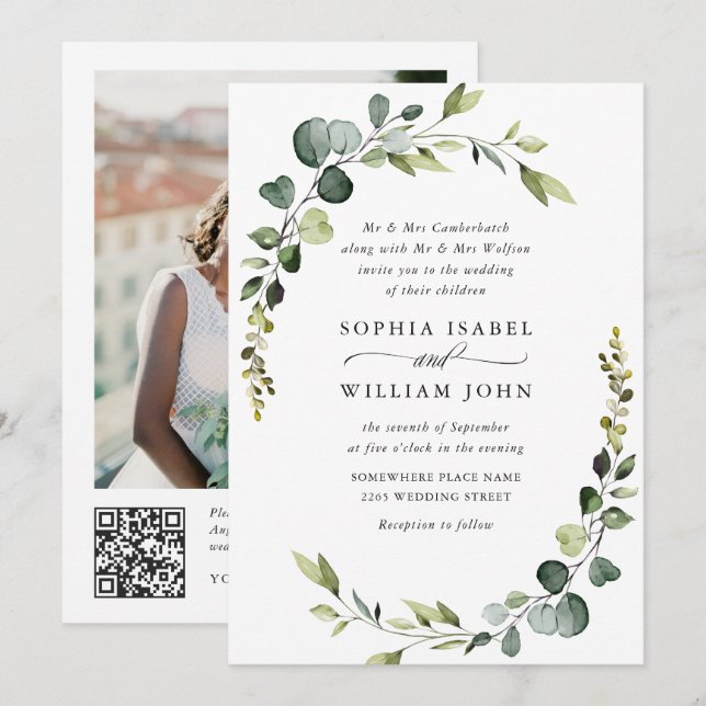 Elegant Vattenfärg Eucalyptus Bröllop QR-kod Inbjudningar (Fram/baksida)