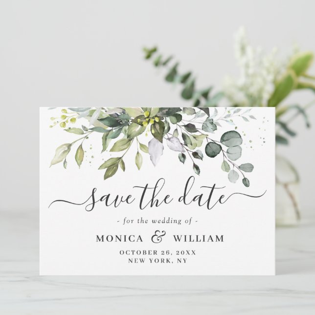 Elegant vattenfärg Eucalyptus Bröllopsblomma Spara Datumet (Stående Fram)