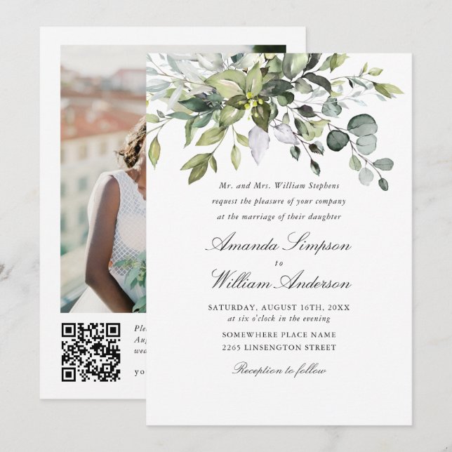 Elegant Vattenfärg Eucalyptus Foto QR Bröllop Inbjudningar (Fram/baksida)