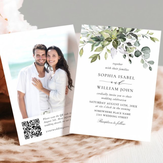 Elegant Vattenfärg Eucalyptus Foto QR Bröllop Inbjudningar (Skapare uppladdad)
