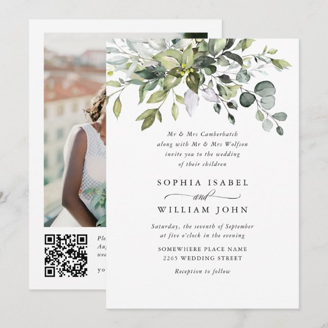 Elegant Vattenfärg Eucalyptus Foto QR Bröllop Inbjudningar (Fram/baksida)
