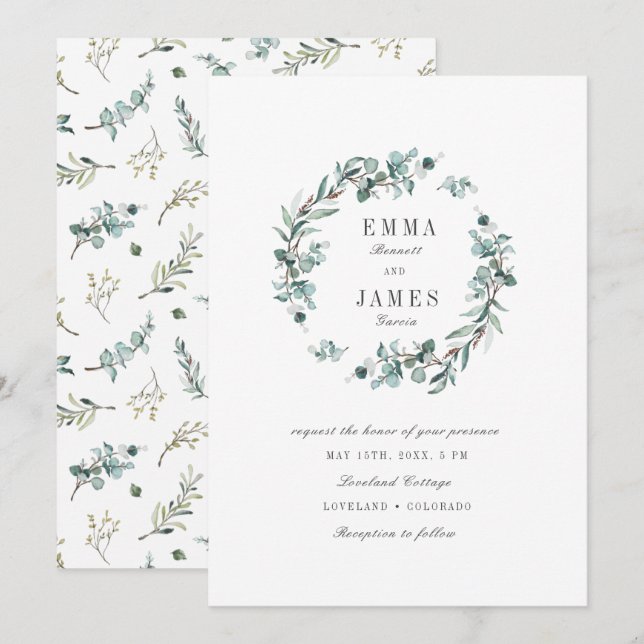 Elegant vattenfärg Eukalyptus Krans Bröllop Inbjudningar (Fram/baksida)