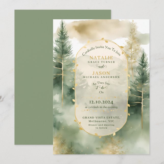 Elegant vattenfärg Evergreen träd Rustic Bröllop Inbjudningar (Fram/baksida)