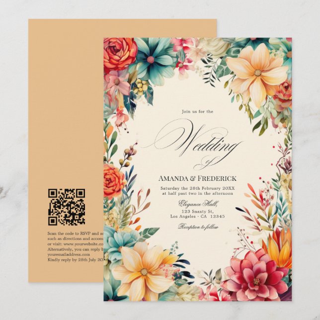 Elegant vattenfärg-fiesta-högtid med QR-kod Inbjudningar (Fram/baksida)