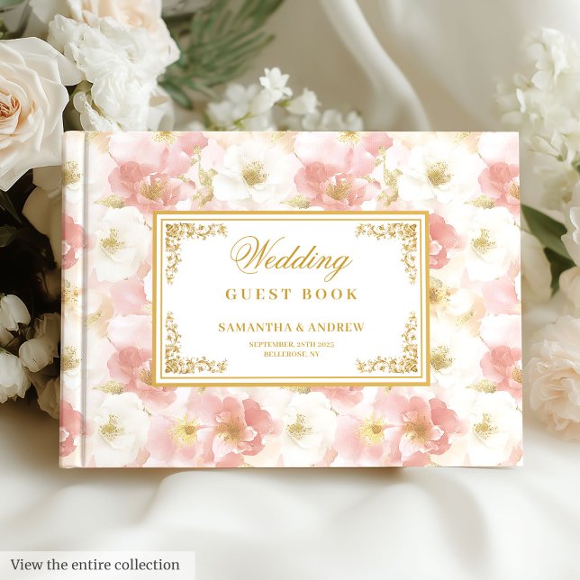 Elegant vattenfärg  gäst bok i guld bröllop (Elegant watercolor blush gold wedding guest book)