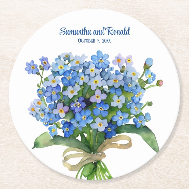 Elegant Vattenfärg Glöm mig-inte Bröllop Underlägg Papper Rund (Framsidan)