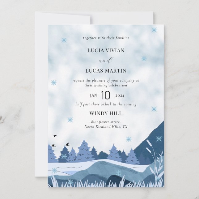 Elegant vattenfärg Gräs Mountain Winter Wedding Inbjudningar (Framsida)