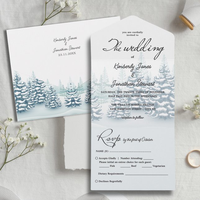 Elegant vattenfärg Gräs träd OSA Winter Wedding (Elegant watercolor Pine trees RSVP Winter Wedding All In One Invitation)