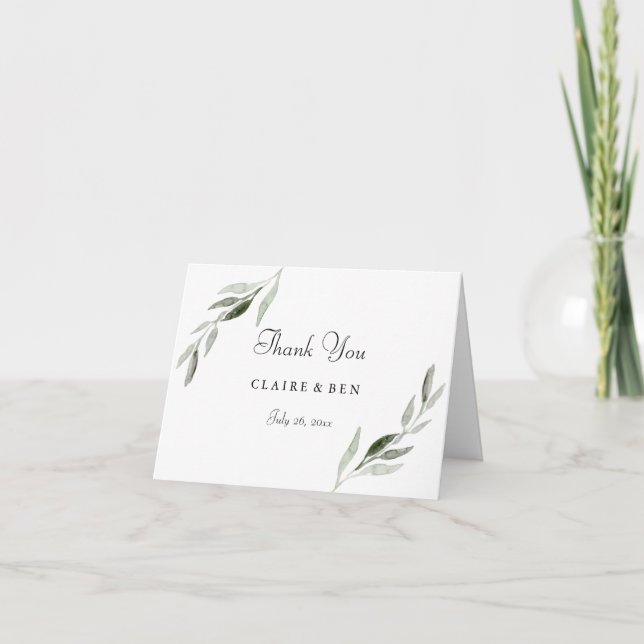 Elegant vattenfärg grön blad bröllop tack kort (Framsida)