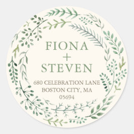 Elegant vattenfärg grön krans returadress runt klistermärke