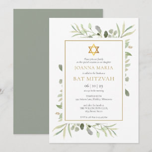 Elegant vattenfärg Grönska Bat Mitzvah Inbjudningar