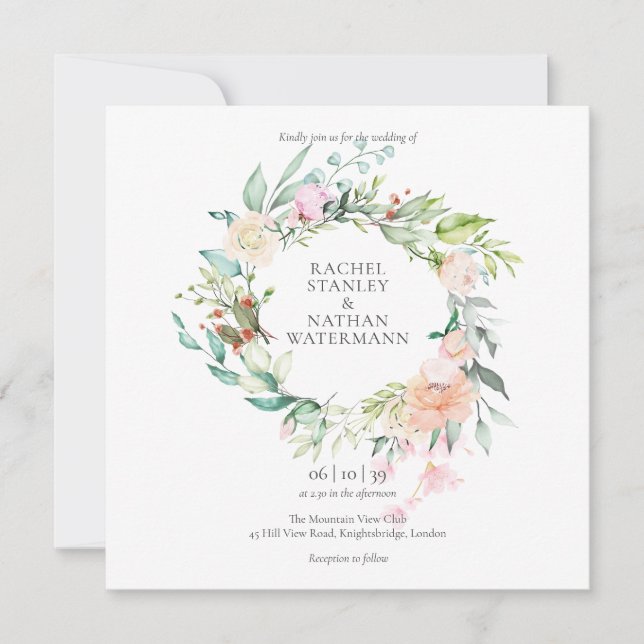Elegant vattenfärg grönska blommande bröllop inbjudningar (Framsida)