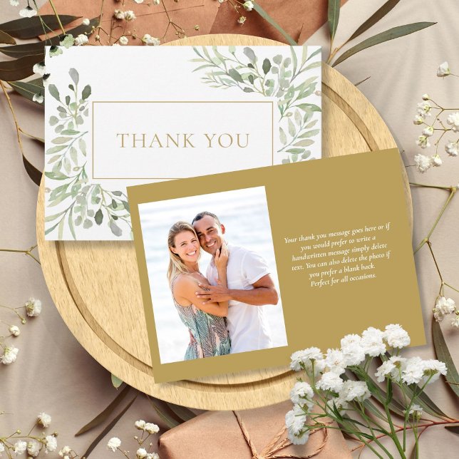 Elegant vattenfärg grönska foto guld tack kort (Elegant Watercolor Greenery Photo Gold Thank You Card)