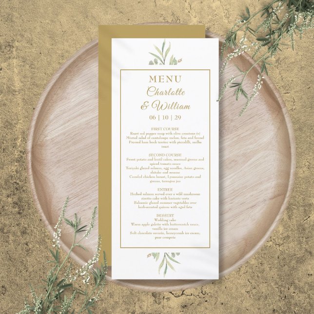 Elegant vattenfärg grönska guld middagsmeny meny (Elegant Watercolor Greenery Gold Dinner Menu)