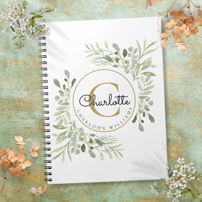 Elegant vattenfärg grönska monogram namn anteckningsbok (Elegant Watercolor Greenery Monogram Name Notebook)