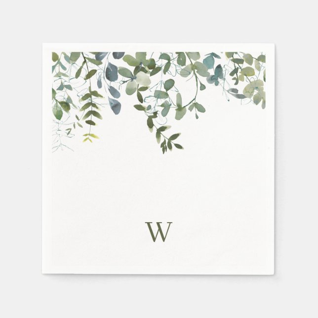 Elegant vattenfärg grönska monogram pappersservett (Framsidan)