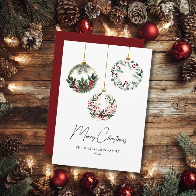 Elegant vattenfärg grönska ornament jul julkort (Greenery Ornament Bauble Watercolor Christmas Holiday Card)