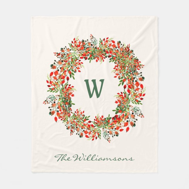 Elegant vattenfärg grönskande krans monogram anpas fleecefilt (Framsidan)