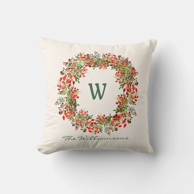 Elegant vattenfärg grönskande krans monogram anpas kudde (Framsida)