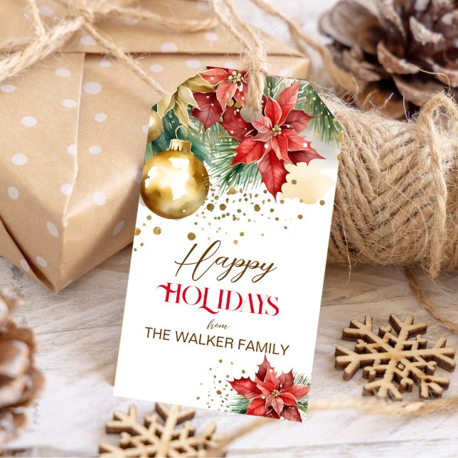 Elegant vattenfärg guld röd poinsettia jul presentetikett (Happy Holidays elegant watercolor poinsettia gold baubles sprinkles Christmas gift tags)