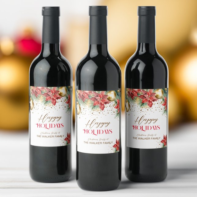 Elegant vattenfärg guld röd poinsettia jul vinflaska etikett (Elegant watercolor gold red poinsettia Christmas party personalized Wine Label pines gold baubles)