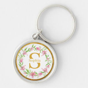 Elegant vattenfärg Guld Rosa Blommig Lilja Monogra Rund Silverfärgad Nyckelring