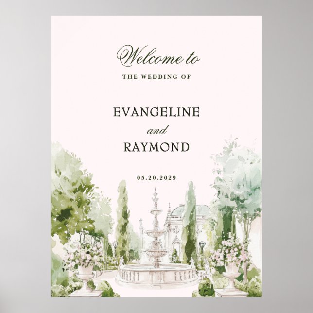 Elegant vattenfärg herrgård trädgård bröllop poster (Framsidan)