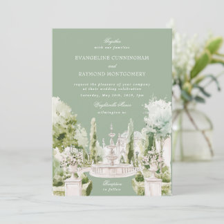 Elegant vattenfärg herrgård trädgård bröllopsinbju inbjudningar