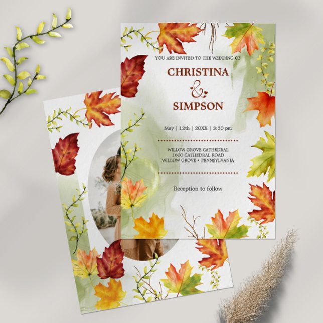 Elegant, vattenfärg, höstfoto Bröllop Inbjudningar (Elegant Yellow Leaves Autumn Photo Wedding Invitation)