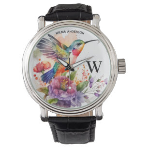 Elegant Vattenfärg Hummingbird Monogram med Namn Armbandsur
