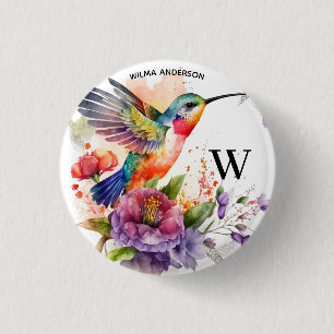 Elegant Vattenfärg Hummingbird Monogram med Namn Knapp