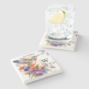 Elegant Vattenfärg Hummingbird Monogram med Namn Stenunderlägg