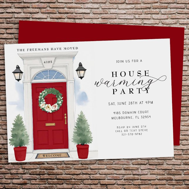 Elegant vattenfärg husuppvärmningsfest inbjudningar (Housewarming Party Invite - Red Door)
