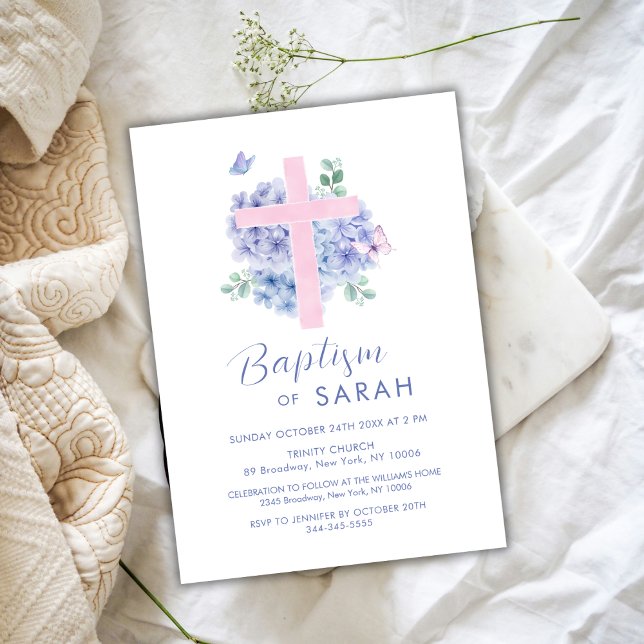 Elegant Vattenfärg Hydrangea Flower Kor Baptism Inbjudningar (Elegant Watercolor Hydrangea Flower Cross Baptism Invitation)